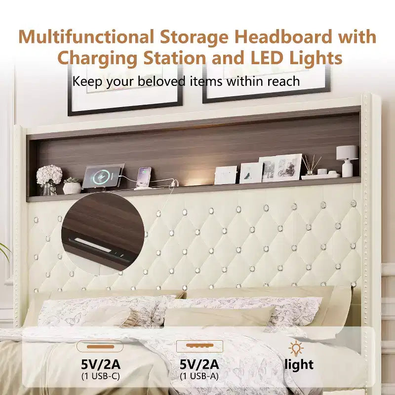 Full/Queen Size Velvet Tufted Platform Bed Frame with USB Port and Night Light, Wing-back Platform Bed with Rivet Decoration Headboard and Shelf