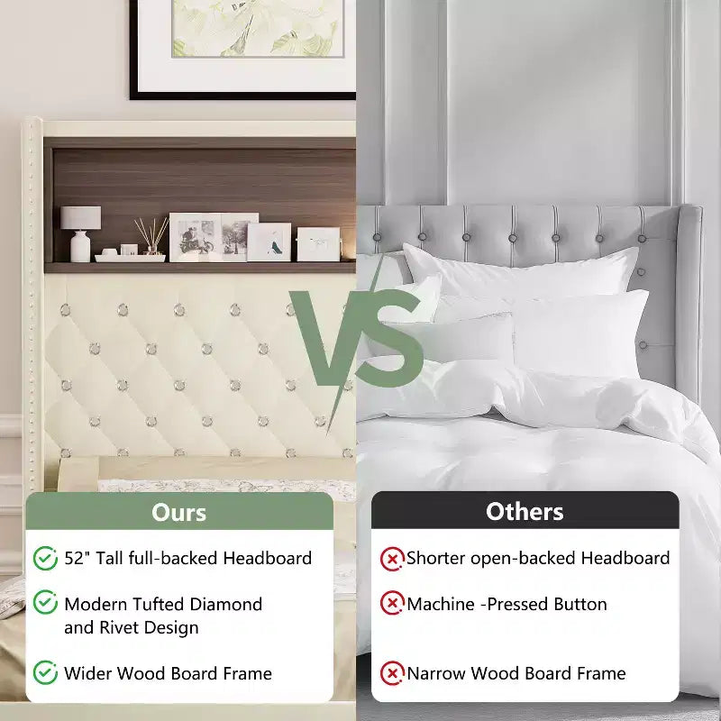 Struttura letto imbottita in velluto Queen Size con porta USB e luce notturna, letto a piattaforma con testiera ad ali e decorazioni a rivetti e mensola