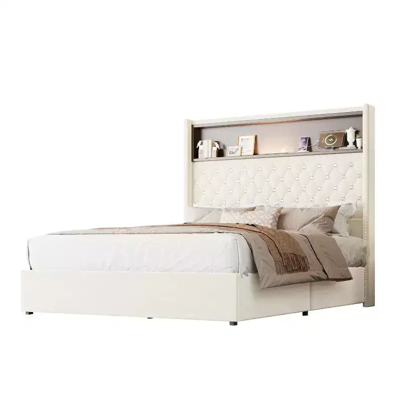 Struttura letto imbottita in velluto Queen Size con porta USB e luce notturna, letto a piattaforma con testiera ad ali e decorazioni a rivetti e mensola