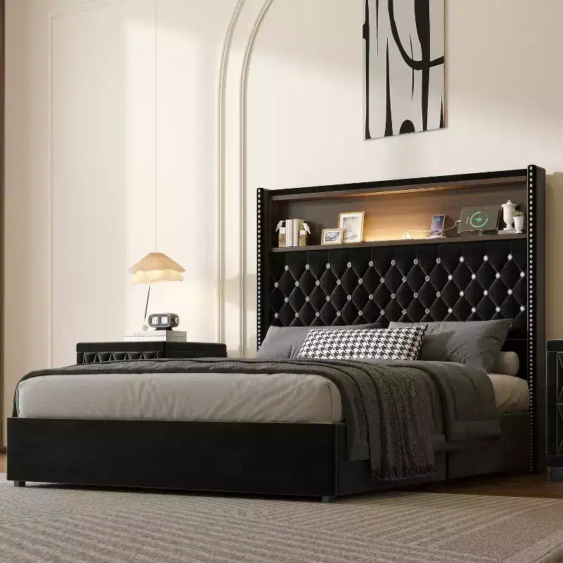 Full/Queen Size Velvet Tufted Platform Bed Frame with USB Port and Night Light, Wing-back Platform Bed with Rivet Decoration Headboard and Shelf