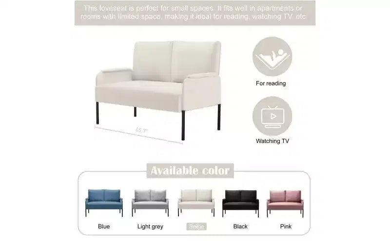 Modern Metal Frame Small Loveseat Sofa with Padding Arms,Upholstered Futon Sofa Couch for Living Room,Apartment