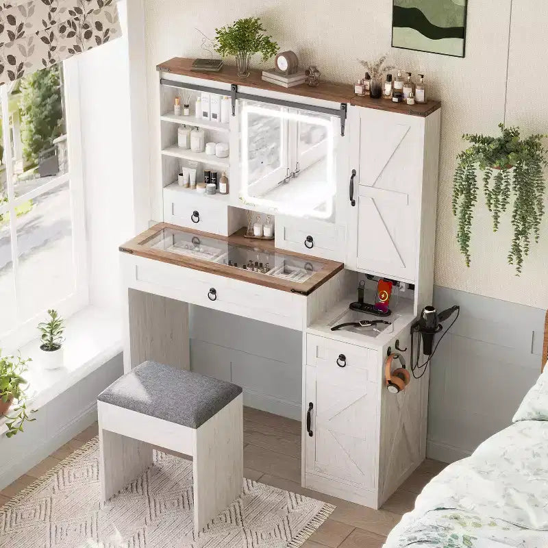 Okak Farmhouse, tavolo da trucco con specchio scorrevole e piano in vetro, tavolo da trucco con sgabello e contenitore, tavolo da trucco vintage per soggiorno, bianco