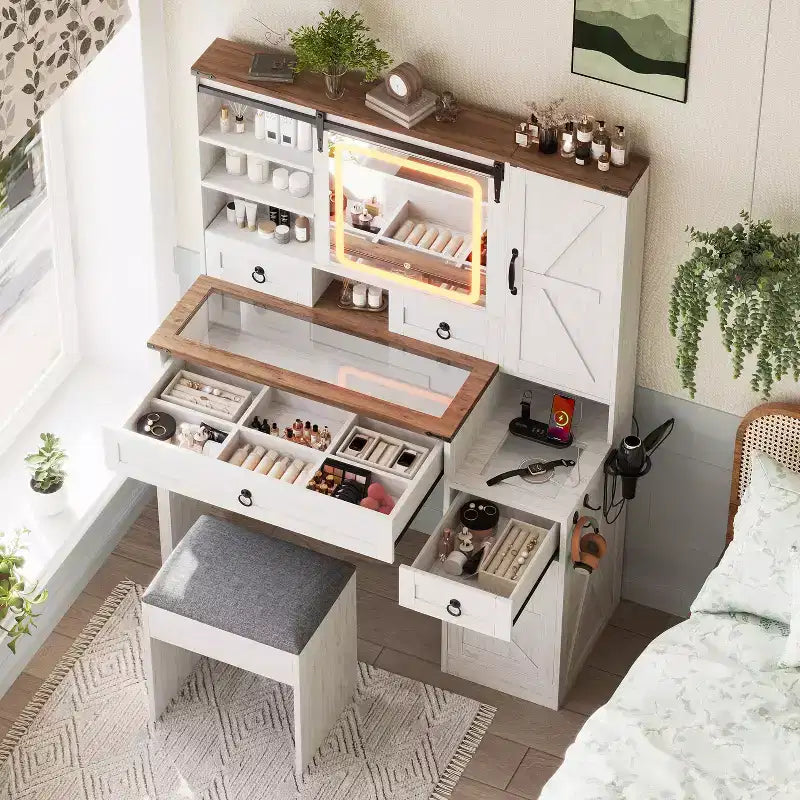 Okak Farmhouse, tavolo da trucco con specchio scorrevole e piano in vetro, tavolo da trucco con sgabello e contenitore, tavolo da trucco vintage per soggiorno, bianco