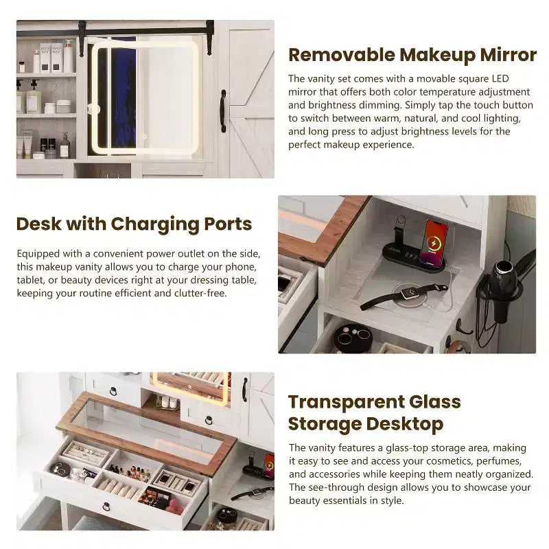 Okak Farmhouse, tavolo da trucco con specchio scorrevole e piano in vetro, tavolo da trucco con sgabello e contenitore, tavolo da trucco vintage per soggiorno, bianco