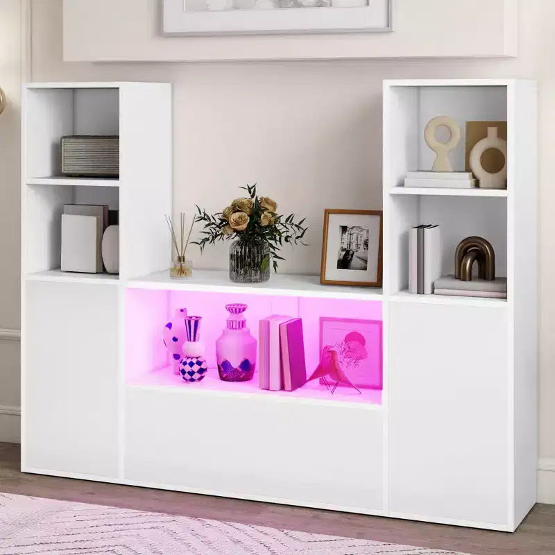 4-Tier U-Shaped Bookcase Castle Bookshelf with Cabinet &LED Light Cube Storage Organizer White