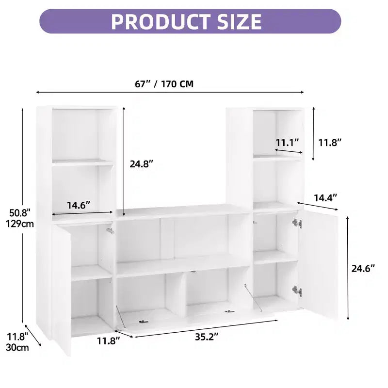 4-Tier U-Shaped Bookcase Castle Bookshelf with Cabinet &LED Light Cube Storage Organizer White