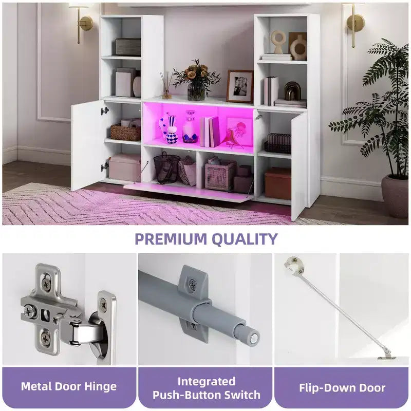 4-Tier U-Shaped Bookcase Castle Bookshelf with Cabinet &LED Light Cube Storage Organizer White