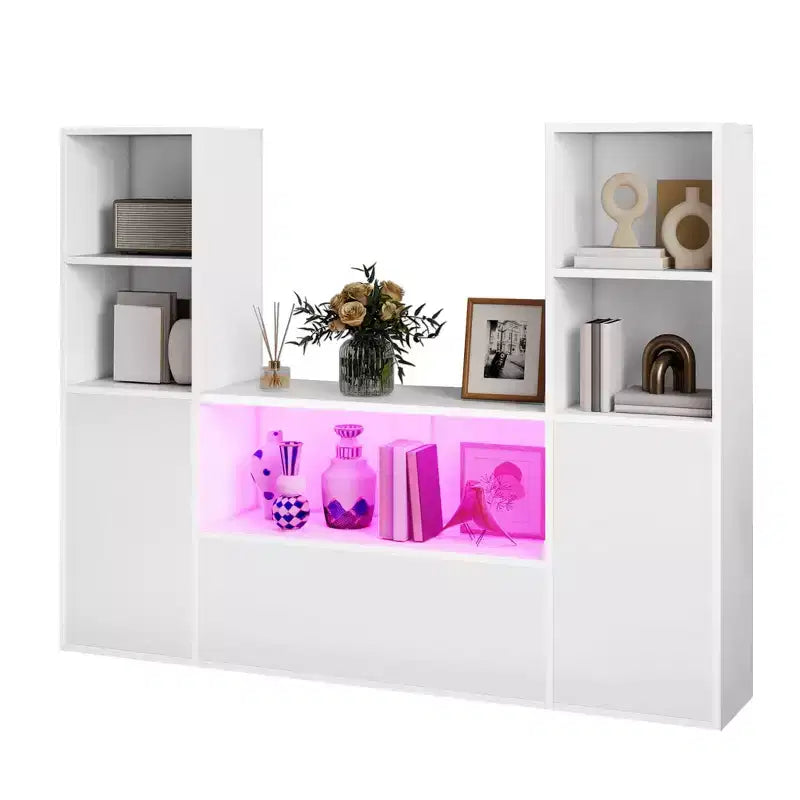 Libreria a 4 livelli a forma di U, Libreria a castello con armadietto e luce LED, Organizer per cubi portaoggetti, Bianco