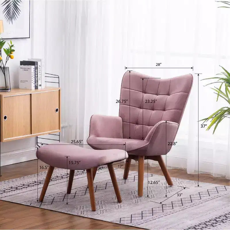 Poltrona moderna e pouf TUYOHW con velluto trapuntato e poltrona lounge con braccioli e gambe in legno massello, sedia da lettura per soggiorno, camera da letto