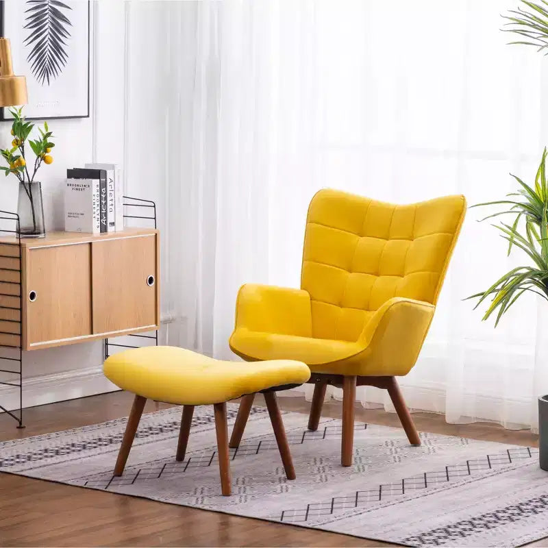 Poltrona moderna e pouf TUYOHW con velluto trapuntato e poltrona lounge con braccioli e gambe in legno massello, sedia da lettura per soggiorno, camera da letto