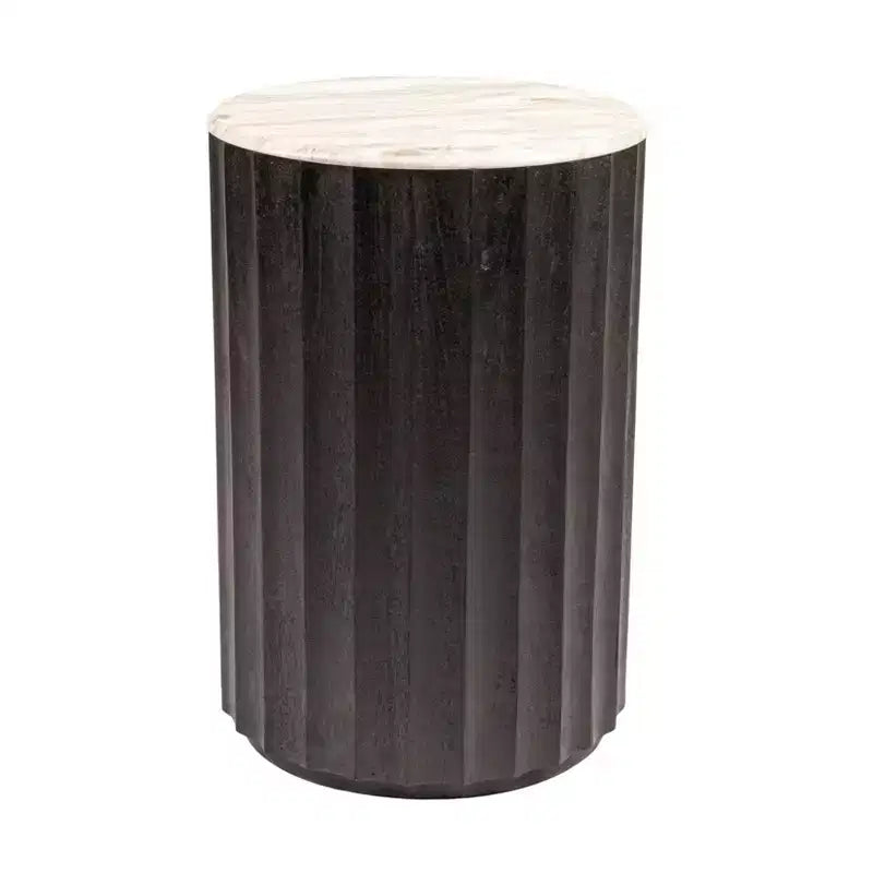 Storied Home Round Mango Wood Fluted Side Table with Marble Top, Black Finish