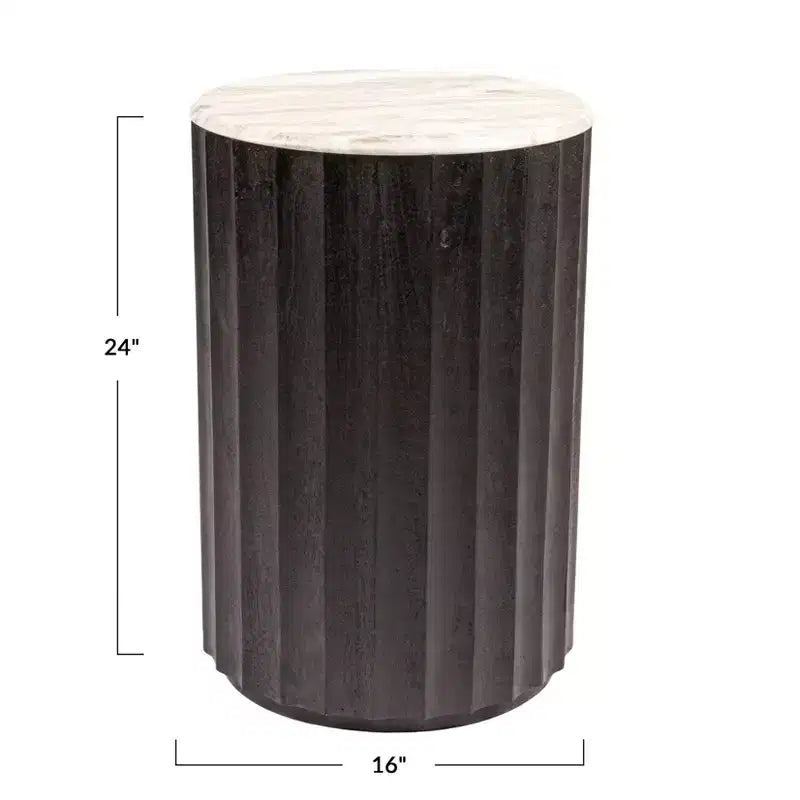 Round Mango Wood Fluted Side Table with Marble Top, Black Finish
