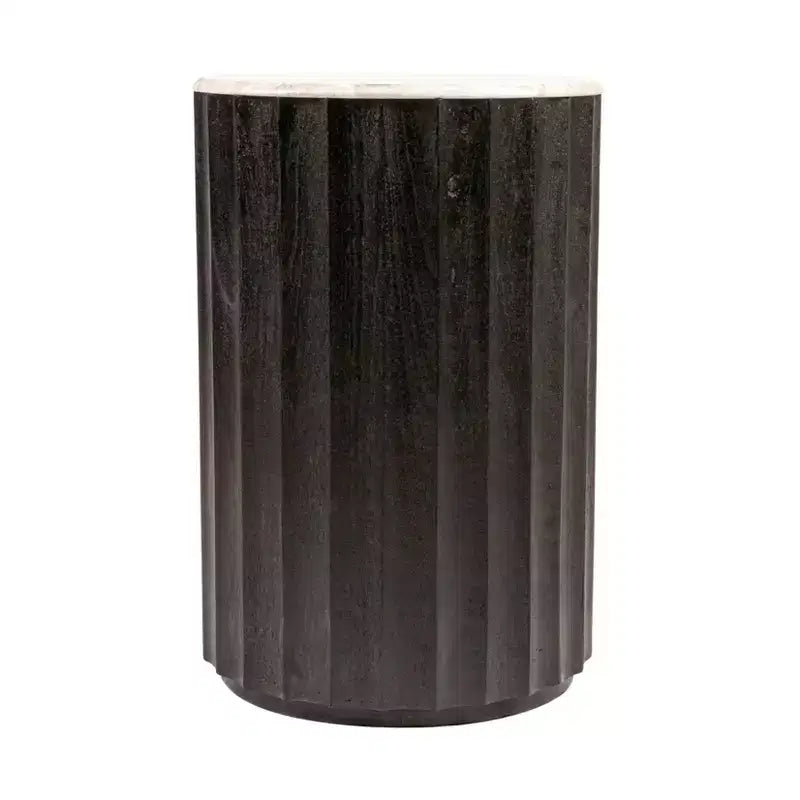 Round Mango Wood Fluted Side Table with Marble Top, Black Finish