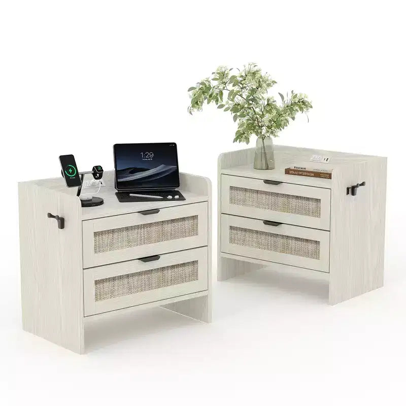 Rattan Bedside Table Nightstand, 2 Drawer, 2 Pcs Bedside Cabinet, Modern Night Stand with Charging Station for Bedroom Living Room