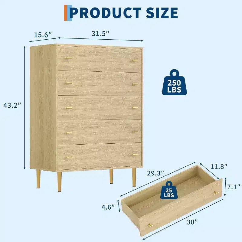Cassettiera a 5 cassetti per camera da letto, comò alto in legno rustico con maniglie a barra, design vintage per camera da letto, soggiorno, corridoio