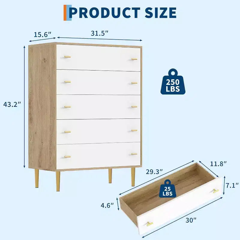 Cassettiera a 5 cassetti per camera da letto, comò alto in legno rustico con maniglie a barra, design vintage per camera da letto, soggiorno, corridoio