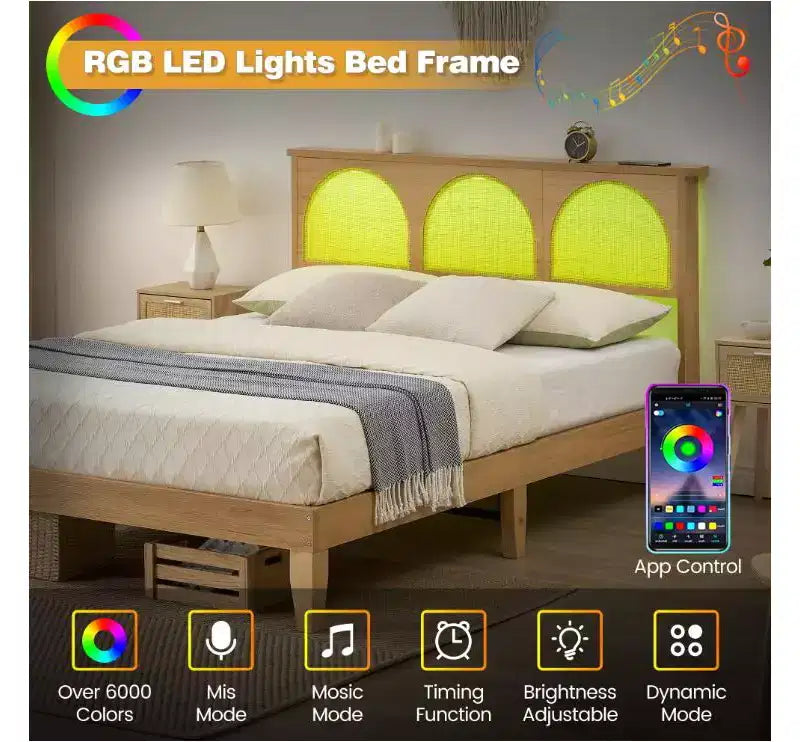 Letto Archi in Rattan e Legno, Letto Queen in Rattan con LED RGB Nuova Struttura