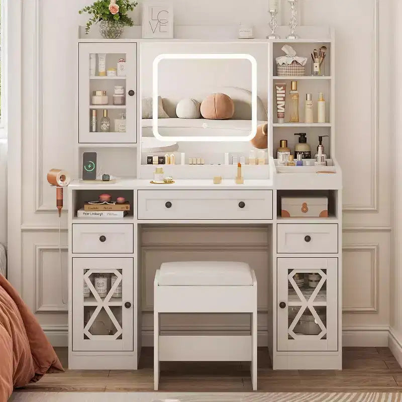 BALHAM TRADE-Large Vanity Desk with Mirror Cushioned Stool Adjustable LED Lights Power Outlet Storage Drawers Shelves