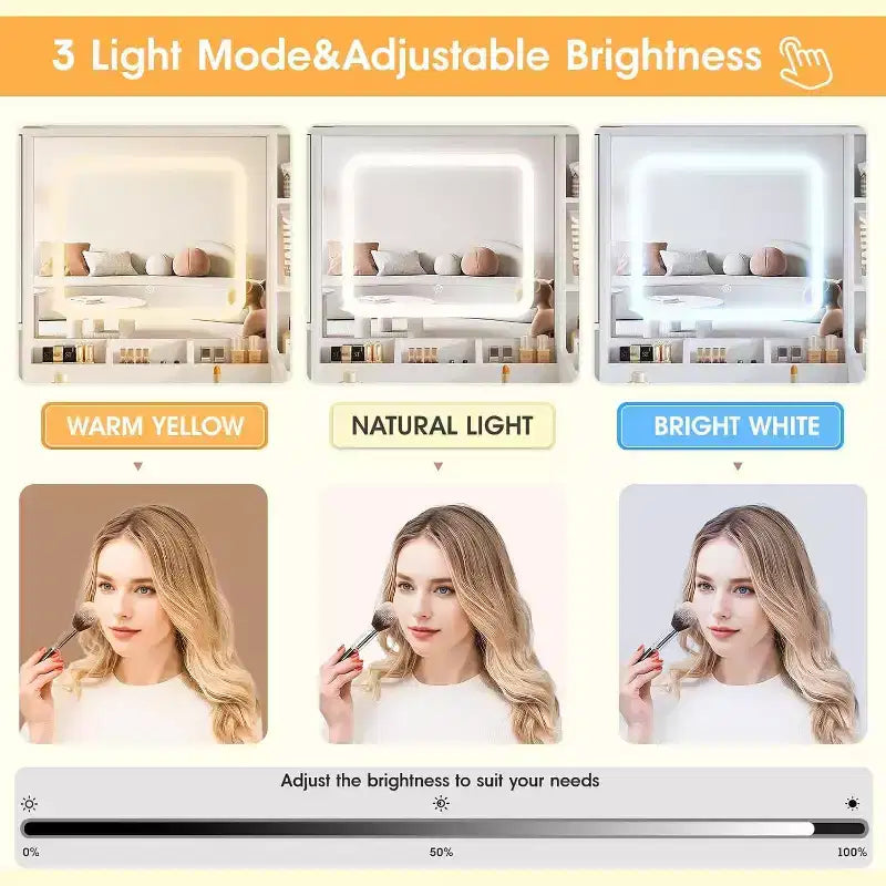 BALHAM TRADE-Grande Toeletta con Specchio Sgabello Imbottito Luci LED Regolabili Presa di Corrente Cassetti Contenitori Ripiani