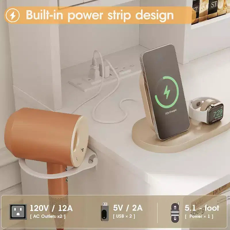 BALHAM TRADE-Grande Toeletta con Specchio Sgabello Imbottito Luci LED Regolabili Presa di Corrente Cassetti Contenitori Ripiani