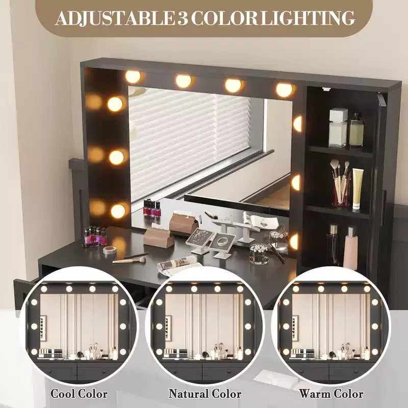 Set Sgabello Toeletta Trucco Bianco, Tavolino da Trucco Piccolo con Specchio Illuminato, Stazione di Ricarica, 5 Cassetti, Armadietto a 3 Livelli e Sgabello Imbottito