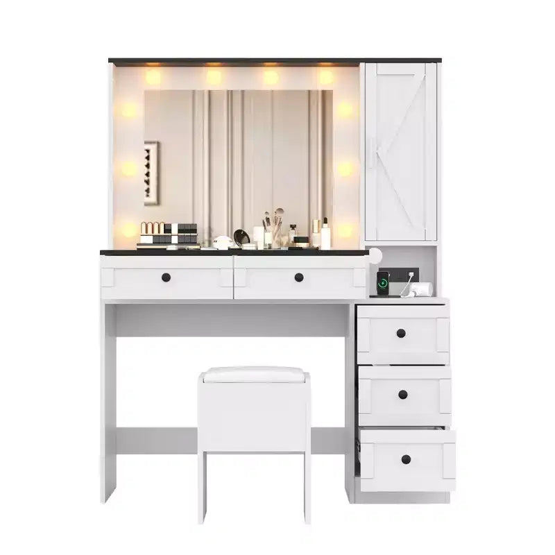 Set Sgabello Toeletta Trucco Bianco, Tavolino da Trucco Piccolo con Specchio Illuminato, Stazione di Ricarica, 5 Cassetti, Armadietto a 3 Livelli e Sgabello Imbottito