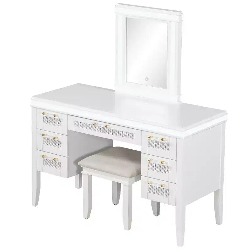 48 mobile lavabo con specchio e luce, 7 cassetti, sgabello imbottito, beige classico, design del cassetto cavo, gambe in legno di caucciù, stile camera da letto