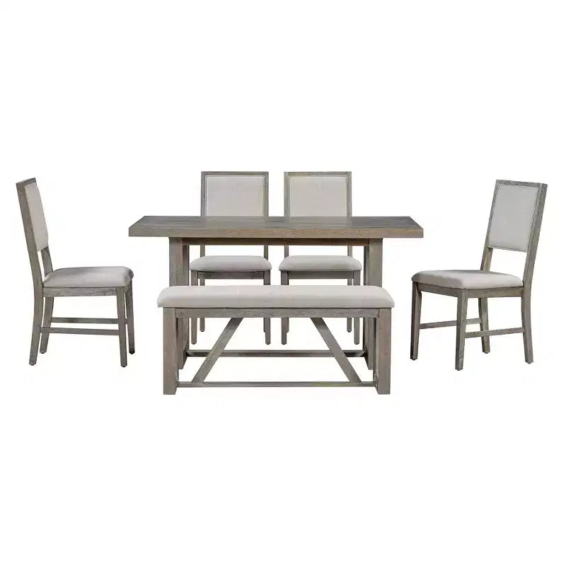 Set da pranzo rustico da 6 pezzi per 5 persone, set tavolo rettangolare con base a trapezio e 4 sedie imbottite e panca per sala da pranzo
