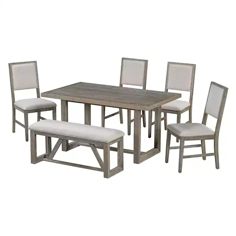 Set da pranzo rustico da 6 pezzi per 5 persone, set tavolo rettangolare con base a trapezio e 4 sedie imbottite e panca per sala da pranzo