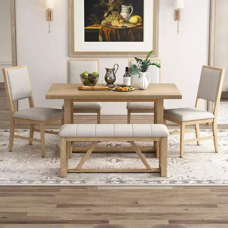Set da pranzo rustico da 6 pezzi per 5 persone, set tavolo rettangolare con base a trapezio e 4 sedie imbottite e panca per sala da pranzo