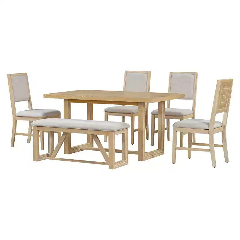 Set da pranzo rustico da 6 pezzi per 5 persone, set tavolo rettangolare con base a trapezio e 4 sedie imbottite e panca per sala da pranzo