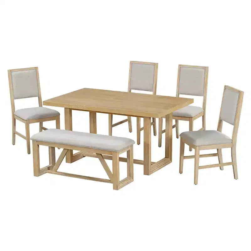 Set da pranzo rustico da 6 pezzi per 5 persone, set tavolo rettangolare con base a trapezio e 4 sedie imbottite e panca per sala da pranzo
