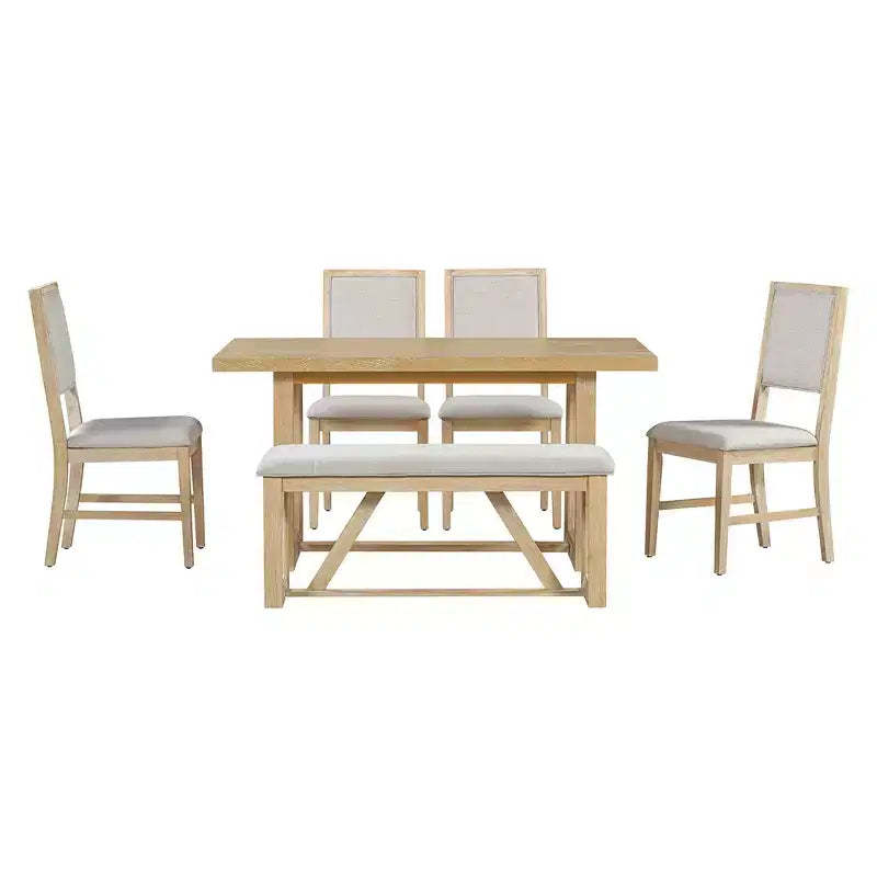 Set da pranzo rustico da 6 pezzi per 5 persone, set tavolo rettangolare con base a trapezio e 4 sedie imbottite e panca per sala da pranzo