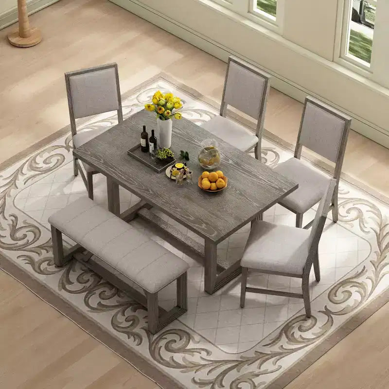 Set da pranzo rustico da 6 pezzi per 5 persone, set tavolo rettangolare con base a trapezio e 4 sedie imbottite e panca per sala da pranzo