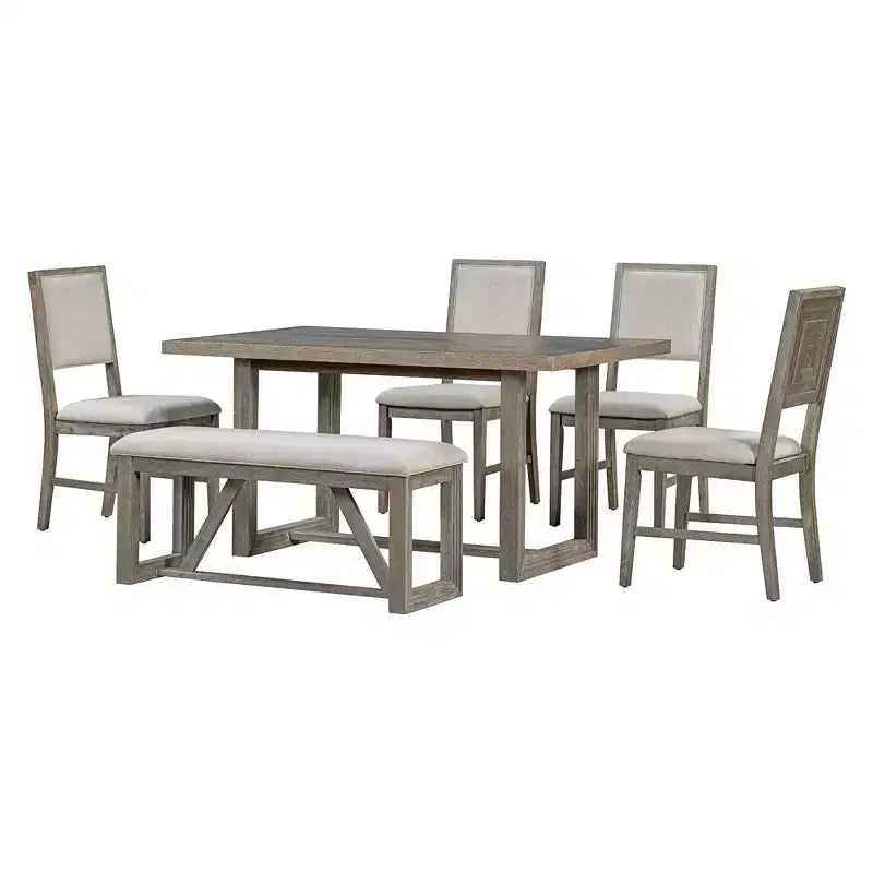 Set da pranzo rustico da 6 pezzi per 5 persone, set tavolo rettangolare con base a trapezio e 4 sedie imbottite e panca per sala da pranzo