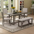 6 Pieces Farmhouse Dining Set for 5, Rectangular Table Set with Trapezoidal Table Base and 4 Upholstered Chairs and Bench for Dining Room
