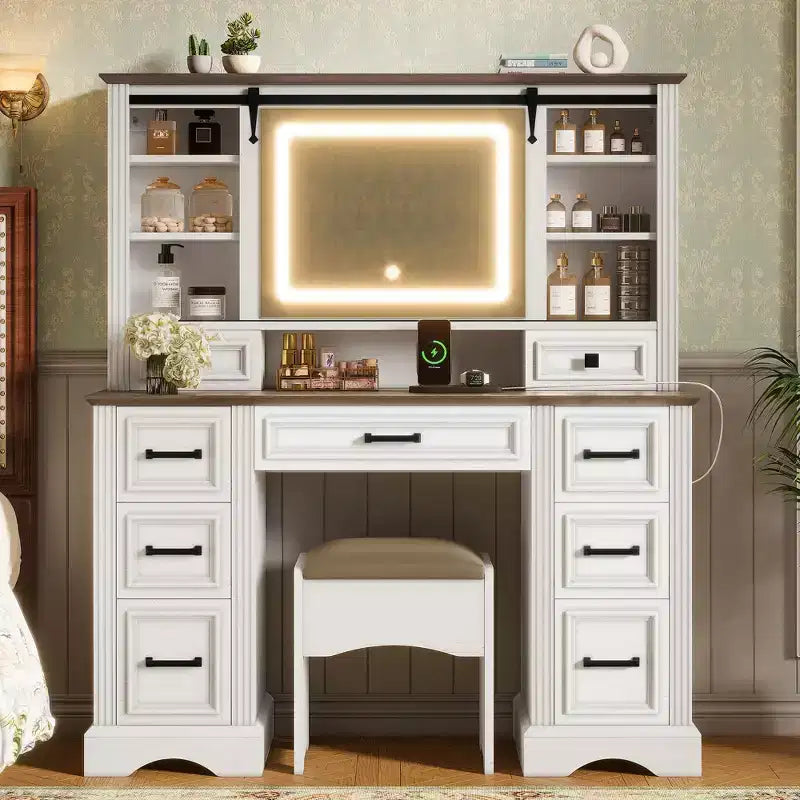 GDFStudio Darren Farmhouse Wood Makeup Vanity Desk Set with Storage Stool, Sliding Lighted Mirror, 9 Drawers and Charging Station