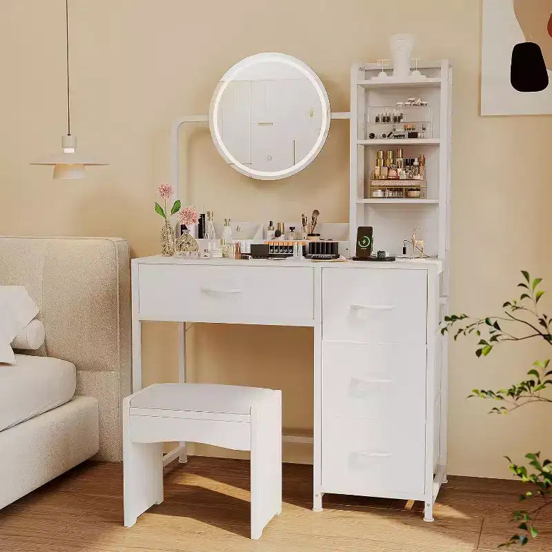 Piccola scrivania da trucco con specchio rotondo illuminato e presa di corrente, moderno tavolino da trucco con 4 cassetti in tessuto e 3 ripiani, per camera da letto