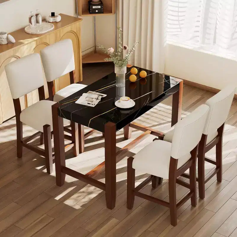 Marble Counter Height Dining Table Set for 4, 5 Pieces Bar Table Set with 4 Upholstered Chairs for Dining Room Pub Kitchen Small Place