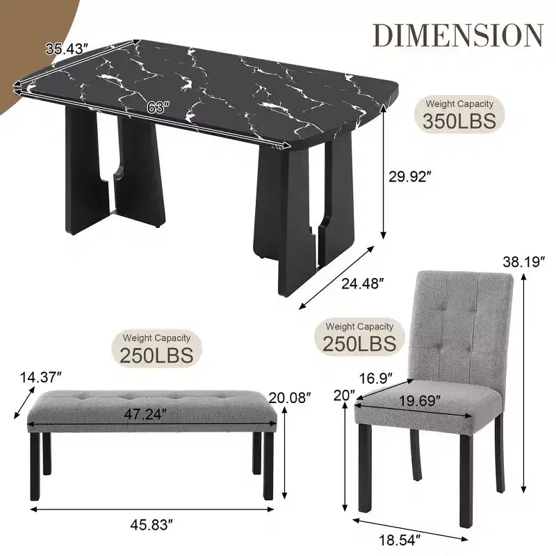 GDFStudio Griffin Set da Pranzo Moderno da 6 Pezzi con Tavolo Effetto Marmo da 63", 4 Sedie e 1 Panca