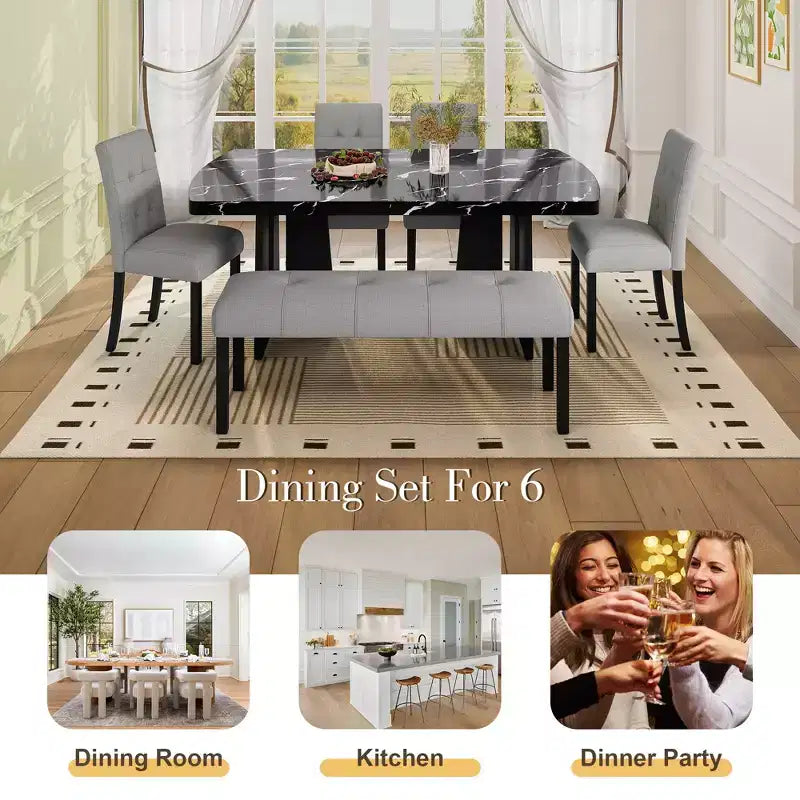 GDFStudio Griffin Set da Pranzo Moderno da 6 Pezzi con Tavolo Effetto Marmo da 63", 4 Sedie e 1 Panca