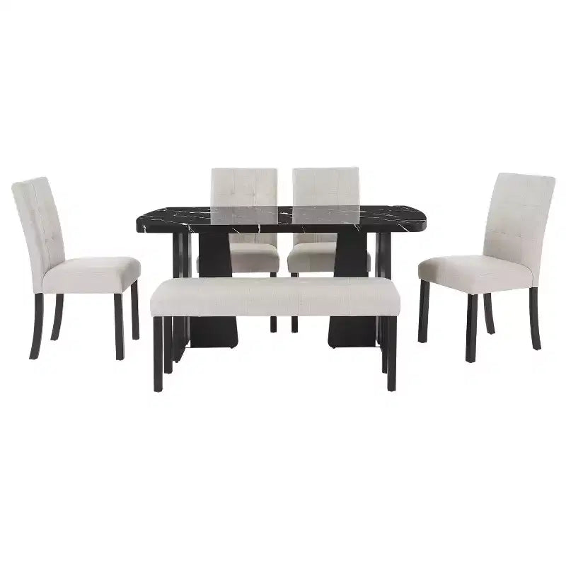 GDFStudio Griffin Set da Pranzo Moderno da 6 Pezzi con Tavolo Effetto Marmo da 63", 4 Sedie e 1 Panca