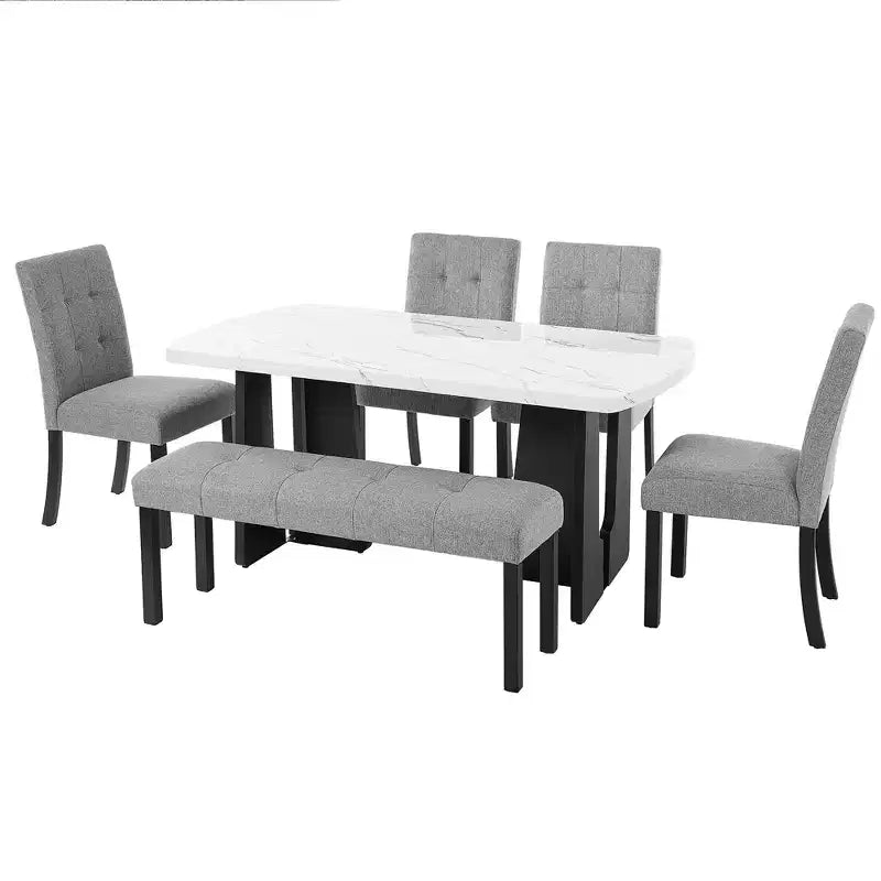 GDFStudio Griffin Set da Pranzo Moderno da 6 Pezzi con Tavolo Effetto Marmo da 63", 4 Sedie e 1 Panca