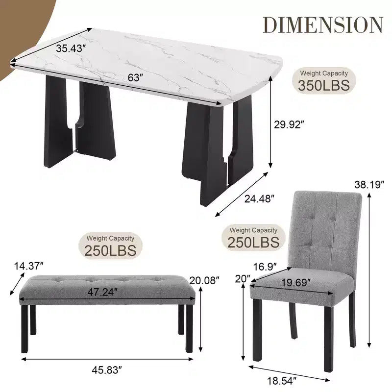 GDFStudio Griffin Set da Pranzo Moderno da 6 Pezzi con Tavolo Effetto Marmo da 63", 4 Sedie e 1 Panca
