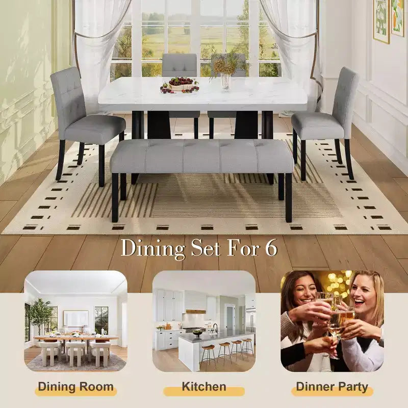 GDFStudio Griffin Set da Pranzo Moderno da 6 Pezzi con Tavolo Effetto Marmo da 63", 4 Sedie e 1 Panca
