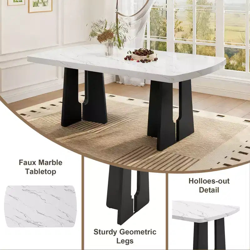 GDFStudio Griffin Set da Pranzo Moderno da 6 Pezzi con Tavolo Effetto Marmo da 63", 4 Sedie e 1 Panca