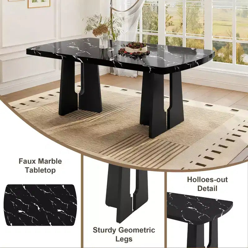 GDFStudio Griffin Set da Pranzo Moderno da 6 Pezzi con Tavolo Effetto Marmo da 63", 4 Sedie e 1 Panca