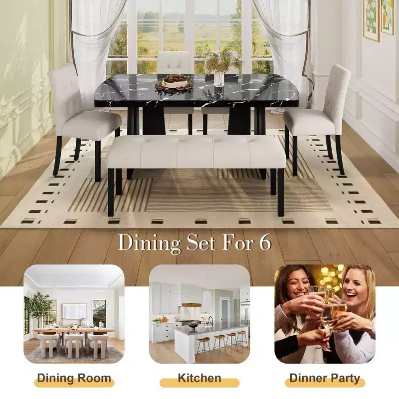 GDFStudio Griffin Set da Pranzo Moderno da 6 Pezzi con Tavolo Effetto Marmo da 63", 4 Sedie e 1 Panca