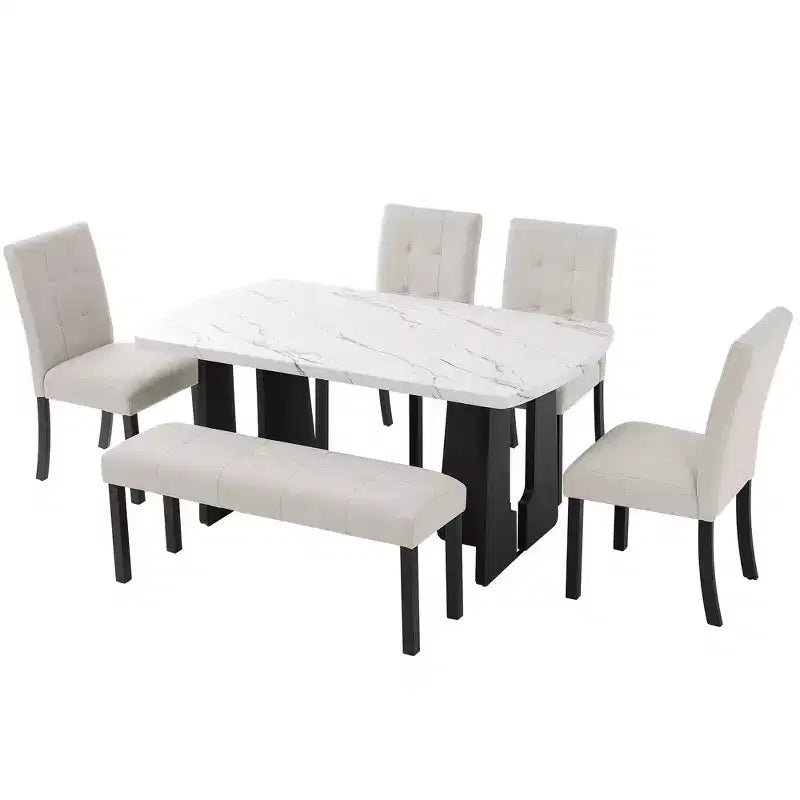 GDFStudio Griffin Set da Pranzo Moderno da 6 Pezzi con Tavolo Effetto Marmo da 63", 4 Sedie e 1 Panca