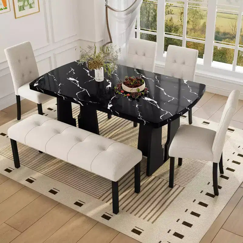 GDFStudio Griffin 6 Piece Modern Dining Table Set with 63 Faux Marble Table & 4 Chairs & 1 Bench